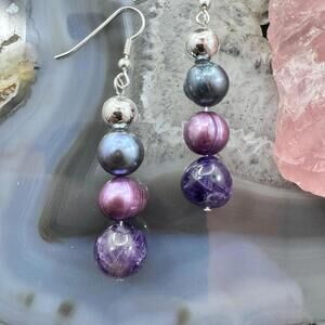 Carolyn Pollack Sterling Amethyst & Freshwater Pearl Dangle Earrings For Women